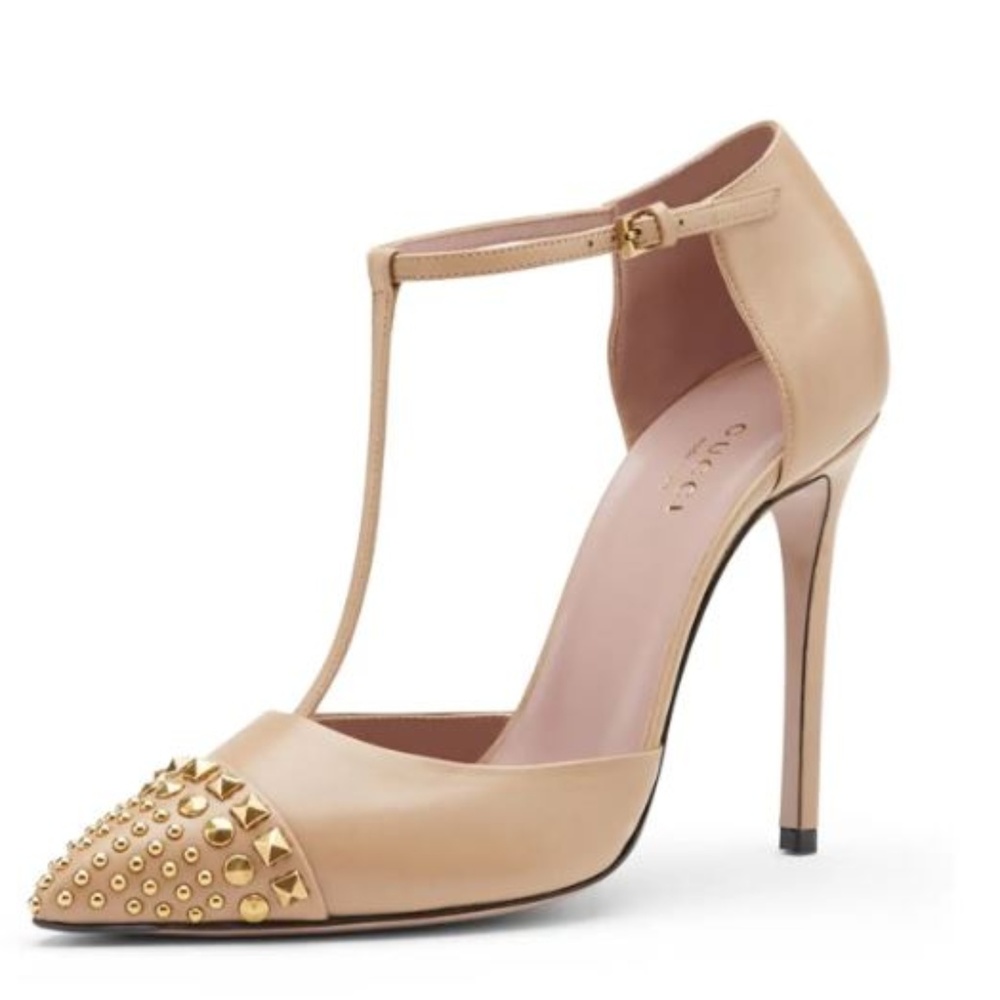 Gucci Studded T-Strap Cap-Toe Pump, Camel